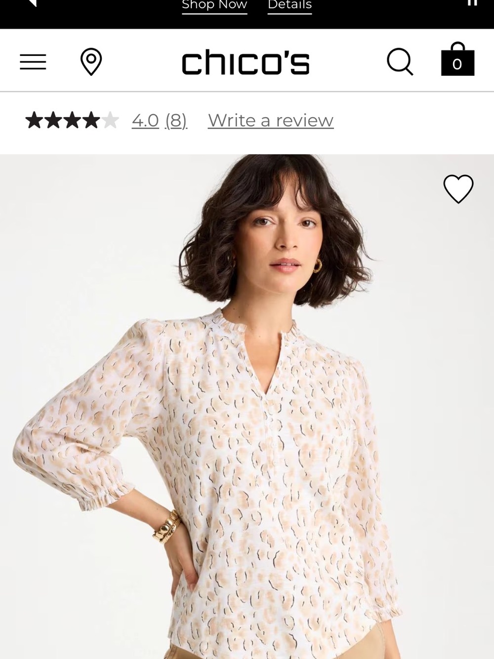 Chico's Cream & Beige Printed Notch V-Neck Blouse